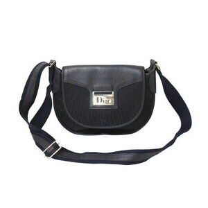 Christian Dior Shoulder Bag Oblique Black Navy Blue Canvas Leather